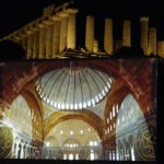 Lo schermo di proiezione con sullo sfondo il tempio di Giunone